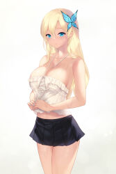 Rule 34 | 1girl, bare arms, bare shoulders, black skirt, blonde hair, blue eyes, boku wa tomodachi ga sukunai, breasts, butterfly hair ornament, cait aron, closed mouth, collarbone, cowboy shot, hair ornament, highres, kashiwazaki sena, large breasts, looking at viewer, nail polish, pleated skirt, simple background, skirt, smile, solo, thighs, white background