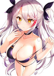 Rule 34 | 1girl, absurdres, artist name, azur lane, bad anatomy, bare arms, bare shoulders, bikini, bikini pull, black bikini, black choker, blush, breasts, choker, clothes pull, collarbone, commentary, cowboy shot, hair between eyes, hands up, heart, heart-shaped pupils, highres, large breasts, long hair, looking at viewer, mole, mole on breast, multicolored hair, nenobi (nenorium), prinz eugen (azur lane), prinz eugen (unfading smile) (azur lane), red hair, signature, silver hair, simple background, solo, standing, strap pull, streaked hair, swimsuit, symbol-shaped pupils, thighs, translated, two side up, very long hair, white background, yellow eyes