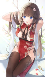 Rule 34 | 1girl, ahoge, arms behind head, bare arms, between breasts, blue eyes, blurry, blurry background, breasts, breasts apart, brown hair, brown thighhighs, center opening, china dress, chinese clothes, commentary, commission, crossed legs, dress, eyelashes, flower, hair flower, hair ornament, hairband, hu kotora, large breasts, legs together, looking at viewer, open mouth, original, panties, plant, red dress, sash, side-tie panties, sitting, skeb commission, sleeveless, sleeveless dress, solo, teeth, thighhighs, thighs, underwear, upper teeth only, white sash