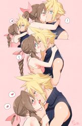 Rule 34 | !, 1boy, 1girl, aerith gainsborough, arms around neck, asymmetrical hair, blonde hair, blue eyes, blue shirt, blush, braid, braided ponytail, breasts, brown hair, closed eyes, cloud strife, couple, dress, earrings, final fantasy, final fantasy vii, final fantasy vii remake, french kiss, green eyes, hair between eyes, hair ribbon, hand on another&#039;s chin, hands on another&#039;s back, heart, hetero, holding another&#039;s wrist, jacket, jewelry, kiss, krudears, long hair, medium breasts, multiple views, open mouth, pink background, pink dress, ribbon, shirt, sidelocks, single earring, sleeveless, sleeveless turtleneck, smile, spiked hair, square enix, sweatdrop, tongue, tongue out, turtleneck, unworn armor, unworn jacket, upper body