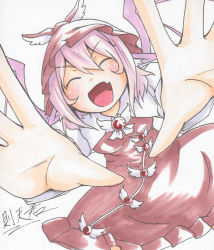 Rule 34 | 1girl, animal ears, blush, closed eyes, hat, incoming hug, long sleeves, mystia lorelei, open mouth, outstretched arms, outstretched hand, pink hair, short hair, skirt, smile, sokutenkun, solo, touhou, traditional media, wings