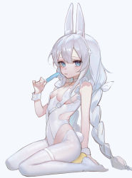 Rule 34 | + +, 1girl, animal ear fluff, animal ears, azur lane, blue eyes, braid, breasts, fake animal ears, food, full body, hair between eyes, highres, le malin (azur lane), le malin (listless lapin) (azur lane), leotard, long hair, looking at viewer, no shoes, official alternate costume, pantyhose, popsicle, rabbit ears, rabbit tail, simple background, sitting, small breasts, smilesmile1312, solo, tail, thighband pantyhose, tongue, tongue out, twin braids, very long hair, white background, white hair, white leotard, white pantyhose, wrist cuffs