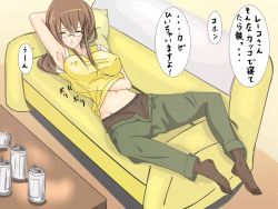Rule 34 | 10s, 1girl, alcohol, another, armpits, bad id, bad pixiv id, beer, beer can, breasts, brown pantyhose, can, closed eyes, couch, covered erect nipples, crotch seam, drink can, feet, glasses, large breasts, lying, midriff, mikami reiko (another), navel, panties, panties under pantyhose, pantyhose, partially translated, reiko (another), shiva (tairakuten), solo, translation request, underwear