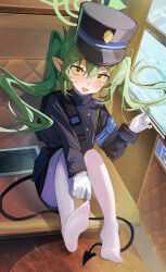 Rule 34 | 1girl, absurdres, black hat, black jacket, black tail, blue archive, blush, demon tail, doodle sensei (blue archive), fang, green hair, green halo, hair between eyes, halo, hat, nozomi (blue archive), highres, jacket, long hair, long sleeves, open mouth, pantyhose, peaked cap, pointy ears, sensei (blue archive), sitting, skin fang, smile, soles, solo, tablet pc, tail, toes, twintails, white pantyhose, yellow eyes, yuhezi