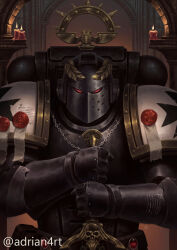 Rule 34 | absurdres, adrian4rt, armor, armor writing, black armor, black templars, breastplate, candle, chain, clothes writing, commentary, commission, english commentary, engraved, engraved armor, fake text, gauntlets, gold trim, hands on hilt, highres, imperial fists, indoors, laurel crown, male focus, pauldrons, planted, planted sword, planted weapon, power armor, purity seal, red eyes, rerebrace, shoulder armor, straight-on, sword, upper body, warhammer 40k, weapon