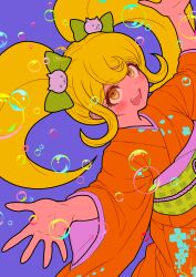 Rule 34 | 1girl, :d, absurdres, blonde hair, blush, bow, bubble, cat hair ornament, danganronpa (series), danganronpa 2: goodbye despair, floral print, green bow, hair bow, hair ornament, highres, japanese clothes, kimono, obi, open mouth, orange eyes, orange kimono, pink background, saionji hiyoko, sash, sidelocks, smile, solo, teeth, twintails, youko-shima