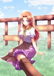 Rule 34 | 1girl, blue sky, blush, boots, breasts, brown hair, cremia, cross-laced footwear, day, fence, foreshortening, knee boots, lace-up boots, long hair, long skirt, malon, medium breasts, nanjou satoshi, nintendo, aged up, purple eyes, red hair, sitting, skirt, sky, smile, solo, the legend of zelda, the legend of zelda: majora&#039;s mask, the legend of zelda: ocarina of time