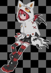 Rule 34 | 1girl, :3, absurdres, animal ears, animal hands, animal hood, bat ears, bat girl, bat wings, black background, black eyes, black footwear, black skirt, black thighhighs, black wings, capelet, checkered background, claws, closed mouth, fake animal ears, full body, grey background, grey capelet, highres, hood, hood up, hooded capelet, hyow, looking at viewer, multicolored eyes, original, oversized zipper, pleated skirt, red eyes, red footwear, red hair, red thighhighs, ringed eyes, shoes, short hair, sitting, skirt, sneakers, solo, striped clothes, striped thighhighs, thighhighs, wings, zipper
