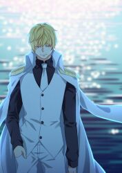 Rule 34 | 1boy, black shirt, blonde hair, coat, coat on shoulders, collared coat, commentary request, donquixote rocinante, epaulettes, hand in pocket, highres, koshikun, light smile, looking to the side, male focus, necktie, ocean, one piece, pants, shirt, solo, waistcoat, white coat, white necktie, white pants