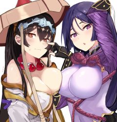 Rule 34 | :t, bead necklace, beads, bikini, bikini top only, black gloves, black hair, bodysuit, breast press, breasts, bridal gauntlets, cheek poking, fate/grand order, fate (series), fingerless gloves, gloves, jewelry, large breasts, long hair, looking at viewer, minamoto no raikou (fate), multiple girls, myown, necklace, open mouth, parted bangs, poking, prayer beads, purple bodysuit, purple eyes, purple hair, red eyes, ribbed sleeves, rope, swimsuit, symmetrical docking, upper body, very long hair, white bikini, xuangzang sanzang (fate)