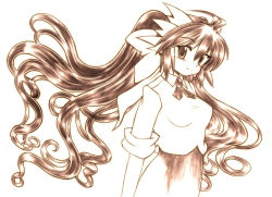 Rule 34 | 1girl, blush, breasts, gomamiso (gomamiso sp), long hair, looking at viewer, medium breasts, miwajou, monochrome, original, simple background, sleeves rolled up, smile, solo, very long hair