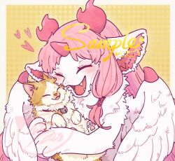Rule 34 | 1girl, animal, animal ears, artist name, blush, border, cat, closed eyes, fangs, feathered wings, furry, furry female, halftone, halftone background, heart, highres, holding, holding animal, horns, hua hua de meme, long hair, open mouth, original, outside border, pink hair, sample watermark, smile, upper body, watermark, white border, white fur, wings, yellow background