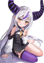 Rule 34 | 1girl, :3, :q, absurdres, ascot, bare shoulders, barefoot, blush, braid, commentary, hair between eyes, head tilt, highres, hololive, hood, hoodie, horns, la+ darknesss, long hair, long sleeves, looking at viewer, multicolored hair, o-ring, pointy ears, purple thighhighs, simple background, single thighhigh, sitting, smile, solo, streaked hair, striped clothes, striped hoodie, taro. (tataroro 1), thighhighs, tongue, tongue out, two-tone hair, very long hair, virtual youtuber, white background, white hair, yellow ascot, yellow eyes, yokozuwari