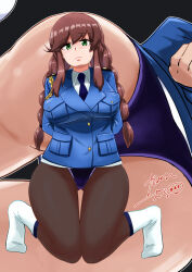 Rule 34 | 1girl, alternate costume, black pantyhose, blue jacket, braid, breasts, brown hair, competition swimsuit, green eyes, highres, jacket, kaminashi yamato, kantai collection, large breasts, long sleeves, necktie, noshiro (kancolle), one-piece swimsuit, pantyhose, police, police uniform, policewoman, restrained, shirt, socks, solo, swept bangs, swimsuit, swimsuit under clothes, twin braids, twitter username, uniform, white shirt