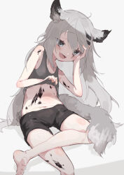 Rule 34 | 1girl, aged down, animal ear fluff, animal ears, arknights, bare arms, bare legs, bare shoulders, barefoot, black shorts, breasts, child, clothes lift, commentary, fangs, figure four sitting, foot out of frame, grey eyes, grey hair, grey tank top, lappland (arknights), long hair, material growth, navel, open mouth, oripathy lesion (arknights), scar, scar across eye, shirt lift, short shorts, shorts, sitting, skin fangs, small breasts, solo, tail, tank top, toes, unitedunti, wolf ears, wolf girl, wolf tail