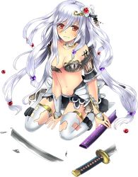 Rule 34 | 1girl, breasts, broken, broken sword, broken weapon, cleavage, full body, hair ornament, iwakuni (oshiro project), kanaso529, long hair, medium breasts, midriff, navel, official art, oshiro project:re, oshiro project:re, red eyes, seiza, silver hair, sitting, solo, sword, tearing up, torn clothes, transparent background, very long hair, weapon