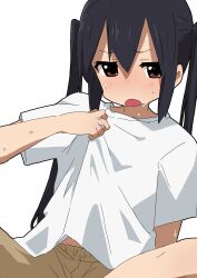 Rule 34 | 1girl, absurdres, black hair, brown eyes, clothes pull, highres, hot, k-on!, kicchi (tmgk), long hair, looking to the side, nakano azusa, open mouth, pulling own clothes, shirt, shirt pull, shorts, sitting, solo, sweat, sweatdrop, twintails, waistband, white shirt