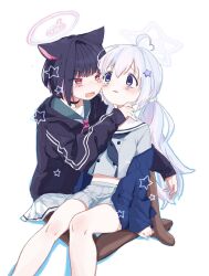 Rule 34 | 2girls, ahoge, animal ears, black choker, blue archive, blue eyes, blue hair, blue jacket, blue neckerchief, blush, brown pantyhose, cat ears, choker, commentary request, fang, feet out of frame, grey shirt, grey skirt, halo, hand on another&#039;s chin, highres, jacket, kazusa (blue archive), long hair, long sleeves, looking at another, low twintails, midriff peek, multicolored hair, multiple girls, neckerchief, no shoes, open mouth, pantyhose, pink hair, pink halo, red eyes, reisa (blue archive), school uniform, serafuku, shirt, short hair, simple background, sitting, sitting on lap, sitting on person, skin fang, skirt, star halo, streaked hair, thighs, twintails, ureshiitime ki, white background, yuri