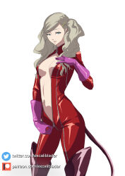 Rule 34 | 1girl, atlus, bodysuit, boots, breasts, excaliblader, gloves, highres, looking at viewer, medium breasts, megami tensei, patreon logo, patreon username, persona, persona 5, solo, takamaki anne, twitter logo, twitter username, unzipping, white background