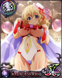 Rule 34 | 1girl, bishop (chess), blonde hair, blue eyes, blush, bow, breasts, card (medium), chess piece, clothing cutout, female focus, hat, high school dxd, large breasts, le fay pendragon, looking at viewer, navel, navel cutout, official art, red bow, shiny skin, smile, solo, underboob