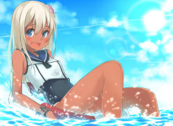 Rule 34 | 10s, 1girl, afloat, bad id, bad nicoseiga id, blonde hair, blue eyes, blush, crop top, flower, hair flower, hair ornament, highres, kantai collection, lifebuoy, long hair, looking at viewer, lying, okomeito, one-piece swimsuit, open mouth, partially submerged, ro-500 (kancolle), sailor collar, school swimsuit, smile, solo, swim ring, swimsuit, swimsuit under clothes, tan, tanline, water