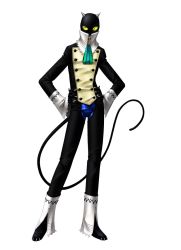 Rule 34 | 1boy, animal ears, atlus, cat boy, cat ears, cat tail, chaps, claws, colored sclera, hands on own hips, helios (persona 2), high collar, kazuma kaneko, male focus, non-web source, official art, persona, persona 2, persona 2 batsu, simple background, solo, tail, white background, yellow sclera