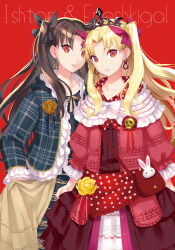 Rule 34 | 2girls, bag, black dress, black ribbon, blonde hair, blue jacket, brown dress, brown hair, character name, closed mouth, collarbone, commentary request, dress, earrings, ereshkigal (fate), fate/grand order, fate (series), flower, frilled jacket, frills, hair ribbon, hoop earrings, infinity symbol, ishtar (fate), jacket, jewelry, long hair, long sleeves, looking at viewer, multiple girls, nishimura eri, open clothes, open jacket, parted bangs, parted lips, plaid, plaid jacket, polka dot, puffy long sleeves, puffy sleeves, red background, red eyes, red jacket, red ribbon, ribbon, rose, shoulder bag, simple background, skull, smile, tiara, two side up, v-shaped eyebrows, very long hair, yellow flower, yellow rose