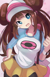 Rule 34 | 1girl, black pantyhose, blue eyes, bow, bow bra, bra, brown hair, clenched hand, creatures (company), double bun, doughnut hair bun, game freak, hair bun, hand on own hip, long hair, long sleeves, looking at viewer, nintendo, open mouth, pantyhose, pantyhose under shorts, pokemon, pokemon bw2, rosa (pokemon), shirt, shorts, solo, umiru, underwear, visor cap, yellow shorts