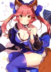 Rule 34 | 10s, 1girl, :o, animal ears, arm support, bare shoulders, blue kimono, blue thighhighs, blush, breasts squeezed together, breasts, choker, cleavage, collarbone, fate/extra, fate/grand order, fate (series), feet out of frame, fox ears, fox tail, from above, japanese clothes, kibii mocha, kimono, large breasts, layered clothes, layered kimono, layered sleeves, leaning to the side, legs folded, long hair, looking at viewer, m/, obi, off shoulder, pink hair, sash, short kimono, simple background, sitting, skindentation, solo, star (symbol), tail, tamamo (fate), tamamo no mae (fate/extra), tassel, thighhighs, thighs, tsurime, yellow eyes