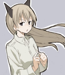 Rule 34 | 00s, 1girl, :o, animal ears, blonde hair, collared shirt, eila ilmatar juutilainen, fingers together, fox ears, index fingers together, long hair, long sleeves, looking at viewer, muri da na, parted lips, purple eyes, shirt, simple background, solo, strike witches, upper body, world witches series