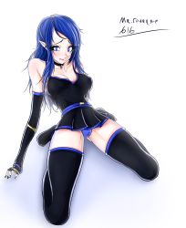 Rule 34 | 1girl, absurdres, black dress, black gloves, black skirt, black thighhighs, blue eyes, blue hair, blue panties, blush, breasts, collar, dress, elbow gloves, fangs, fingernails, gloves, highres, huge filesize, large breasts, long fingernails, long hair, looking at viewer, mr.courage616, nail polish, open mouth, original, pale skin, panties, pointy ears, self-upload, sharp teeth, simple background, skirt, solo, solo focus, spread legs, squinting, teeth, thick thighs, thighhighs, thighs, underwear, vampire