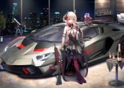 Rule 34 | 1girl, arm support, bare shoulders, black dress, black gloves, blonde hair, bottle, bow, breasts, building, car, champagne flute, cityscape, commentary request, couch, crossed ankles, cup, dancing wolf, dinergate (girls&#039; frontline), dress, drinking glass, fang, flower, girls&#039; frontline, glint, gloves, gradient legwear, hair between eyes, hair flower, hair ornament, half gloves, headgear, high heels, highres, holding, holding cup, indoors, lamborghini, lamborghini sc18 alston, layered dress, long hair, looking at viewer, los angeles, m4 sopmod ii, m4 sopmod ii (devourer of the feast) (girls&#039; frontline), m4 sopmod ii (girls&#039; frontline), medium breasts, motor vehicle, multicolored hair, name connection, night, object namesake, pantyhose, parted lips, pink bow, pink pantyhose, pleated dress, pouring, pouring onto self, purple eyes, purple pantyhose, red hair, shelf, single half glove, skyscraper, sleeveless, sleeveless dress, smile, streaked hair, table, telescope, vehicle focus, very long hair, window