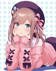 Rule 34 | 1girl, :3, badge, beret, black ribbon, blue eyes, blush, bow, button badge, cardigan, cross-laced clothes, dotted background, hair bow, hair ornament, hairclip, hand on own cheek, hand on own face, hat, hat pin, head rest, highres, light brown hair, looking at viewer, lying, medium hair, nijisanji, off shoulder, on stomach, pink cardigan, ribbon, shirt, skirt, solo, striped bow, striped clothes, striped skirt, suzuhara lulu, tadanoshi kabane, upper body, vertical-striped clothes, vertical-striped skirt, virtual youtuber, white shirt, x hair ornament