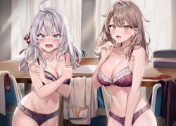 Rule 34 | 2girls, :3, :d, absurdres, ahoge, alisa mikhailovna kujou, bare arms, bare shoulders, black bra, black panties, blue eyes, blush, bra, breast hold, breasts, brown hair, cleavage, commentary request, covering breasts, covering privates, cowboy shot, crossed bangs, curtains, embarrassed, groin, hair ribbon, hand up, highres, indoors, large breasts, lingerie, long hair, looking at viewer, mariya mikhailovna kujou, momoko (momopoco), multiple girls, navel, novel illustration, official art, open mouth, panties, purple bra, purple panties, raised eyebrow, red bra, red panties, ribbon, second-party source, siblings, sisters, small sweatdrop, smile, standing, stomach, thighhighs, tokidoki bosotto roshia-go de dereru tonari no arya-san, underwear, underwear only, undressing, unworn shirt, white hair, yellow eyes