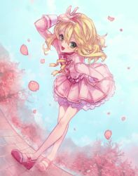 Rule 34 | 1girl, belt, blonde hair, blush, cherry blossoms, commentary request, corsage, dated, dress, flower, flower ornament, full body, green eyes, hairband, hand on own hip, highres, idolmaster, idolmaster cinderella girls, kira! mankai smile, leaning forward, long sleeves, looking at viewer, mary janes, open mouth, pekio, petals, pink dress, pink hairband, ribbon, sakurai momoka, shoes, short hair, signature, sky, sleeve cuffs, smile, solo, waving, wavy hair