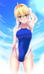Rule 34 | 1girl, ahoge, aiuti, alternate costume, arm behind back, armpits, artoria pendragon (all), artoria pendragon (fate), backlighting, blonde hair, blue one-piece swimsuit, blue sky, braid, braided bun, breasts, cloud, collarbone, competition swimsuit, cowboy shot, day, fate/grand order, fate/stay night, fate (series), fisheye, french braid, gluteal fold, green eyes, hair between eyes, hair bun, hand on own head, head tilt, highleg, highleg swimsuit, highres, looking at viewer, medium breasts, one-piece swimsuit, outdoors, saber (fate), skindentation, sky, smile, solo, standing, swimsuit, thighs