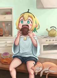 Rule 34 | 1girl, :3, :d, = =, absurdres, amano pikamee, apple, artist name, black hairband, black shorts, blonde hair, blush stickers, bright pupils, cabinet, cat, colored inner hair, commentary, dated, doughnut, eating, english commentary, food, fruit, green eyes, green hair, green nails, hairband, hands up, highres, holding, holding food, indoors, irukuz, kettle, kitchen, ladle, making-of available, multicolored hair, off-shoulder shirt, off shoulder, open mouth, oven, plate, reese&#039;s, reese&#039;s cups, shirt, shorts, sitting, smile, socks (amano pikamee), solo, spatula, stove, two-tone hair, virtual youtuber, voms, white pupils, white shirt, wide sleeves