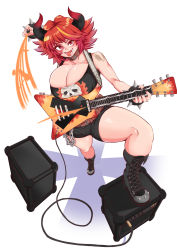 Rule 34 | 1girl, alternate costume, belt, black footwear, black pants, bluecandy, breasts, collar, electric guitar, fake horns, full body, grin, guardian tales, guitar, highres, holding, holding instrument, horns, idol captain eva, instrument, large breasts, looking at viewer, nail polish, official alternate costume, pants, red eyes, red hair, smile, teeth