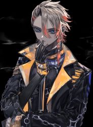 Rule 34 | 1boy, axel syrios, black background, black gloves, blonde hair, braid, chain, cigarette, collar, commentary request, gloves, hair between eyes, highres, holding, holding cigarette, holostars, holostars english, lapels, looking at viewer, multicolored hair, notched lapels, null1040, red hair, single braid, smoking, solo, streaked hair, virtual youtuber, vocaloid, yoidore shirazu (vocaloid)