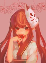 Rule 34 | 00s, 1girl, absurdres, arm at side, arm up, bad id, bad pixiv id, dungeon and fighter, floral print, flower, flower request, fox mask, highres, holding, holding flower, japanese clothes, kimono, litra (ltr0312), long hair, ltr0312, mage (dungeon and fighter), mask, mask on head, pink background, pointy ears, red eyes, red hair, simple background, smile, solo, spider lily, spider lily print, twintails, upper body