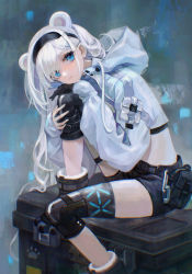Rule 34 | 1girl, absurdres, animal ears, arknights, aurora (arknights), bear ears, black gloves, black hairband, black shorts, blue eyes, commentary request, crop top, cropped jacket, foot out of frame, gloves, hairband, highres, hood, hooded jacket, infection monitor (arknights), jacket, knee pads, knee up, long hair, long sleeves, looking at viewer, midriff, nemesis (jmpn7254), pouch, short shorts, shorts, silver hair, single glove, sitting, solo, white jacket