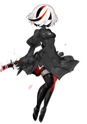 Rule 34 | 2b (nier:automata), 2b (nier:automata) (cosplay), black blindfold, black dress, blindfold, boots, breasts, cleavage cutout, clothing cutout, cosplay, dress, highres, multicolored hair, nier:automata, nier (series), sage (sonic), small breasts, sonic (series), sonic frontiers, streaked hair, sword, thigh boots, thighhighs, usa37107692, weapon, white hair