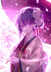 Rule 34 | 1girl, alternate costume, alternate hairstyle, backlighting, blush, commentary request, fate/stay night, fate (series), flower, folded ponytail, hair flower, hair ornament, highres, japanese clothes, kimono, long sleeves, mashima saki (mashimasa), matou sakura, obi, official style, oil-paper umbrella, parted lips, purple eyes, purple hair, revision, sash, smile, solo, umbrella, upper body, wide sleeves