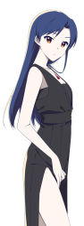 Rule 34 | 1girl, bare arms, black dress, blue hair, breasts, brown eyes, closed mouth, dress, gem, hair intakes, idolmaster, idolmaster (classic), jewelry, kisaragi chihaya, long dress, long hair, looking at viewer, pendant, red gemstone, side slit, simple background, sleeveless, sleeveless dress, small breasts, solo, standing, straight hair, touon, very long hair, white background