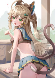 Rule 34 | 1girl, :3, :d, ahoge, animal ear fluff, animal ears, ass, bare arms, bare shoulders, black panties, black shirt, blue skirt, breasts, brown hair, cat ears, cat tail, commentary request, cowboy shot, crop top, fang, from behind, genshin impact, green eyes, hair intakes, half updo, hand up, highres, kirara (genshin impact), long hair, looking at viewer, looking back, medium breasts, midriff, miniskirt, multiple tails, nanamo yado, navel, open mouth, panties, pleated skirt, shirt, skin fang, skirt, sleeveless, sleeveless shirt, smile, solo, standing, stomach, tail, thighs, two tails, underwear, very long hair