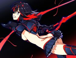 Rule 34 | 1girl, ass, back, black background, black hair, boots, breasts, commentary, from behind, gradient background, holding, holding weapon, kill la kill, matoi ryuuko, medium breasts, microskirt, midriff, multicolored hair, optionaltypo, pleated skirt, red background, red hair, revealing clothes, school uniform, scissor blade (kill la kill), senketsu, serafuku, short hair, simple background, skirt, solo, streaked hair, suspenders, thigh boots, two-tone hair, underboob, weapon