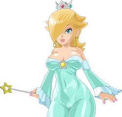 Rule 34 | 1girl, blonde hair, blue eyes, breasts, cameltoe, cleavage, covered erect nipples, crown, dress, earrings, gem, hair over one eye, jewelry, large breasts, lips, lipstick, makeup, mario (series), naughty face, navel, nintendo, pixel art, rosalina, seductive smile, see-through, simple background, smile, solo, star (symbol), super mario bros. 1, super mario galaxy, wand, warner
