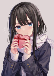 Rule 34 | 1girl, absurdres, black hair, black jacket, blue eyes, blush, box, closed mouth, commentary request, enpera, flying sweatdrops, gift, gift box, grey background, heart-shaped box, highres, holding, holding gift, jacket, long hair, long sleeves, looking at viewer, nagiha kuten, open clothes, open jacket, original, red ribbon, ribbon, scarf, school uniform, simple background, sleeves past wrists, smile, solo, upper body, valentine, white scarf