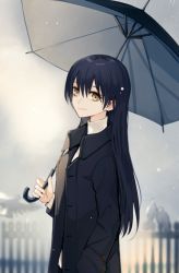 Rule 34 | 1girl, blue hair, coat, fence, from side, hand in pocket, holding, holding umbrella, kuma (bloodycolor), long hair, looking at viewer, love live!, love live! school idol project, outdoors, rain, smile, solo, sonoda umi, standing, swept bangs, umbrella, yellow eyes
