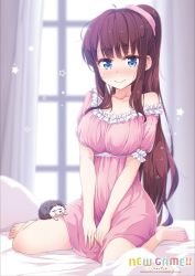Rule 34 | 1girl, absurdres, backlighting, bare shoulders, barefoot, bed, blue eyes, blush, breasts, brown hair, highres, large breasts, long hair, looking at viewer, new game!, official art, ponytail, sitting, smile, solo, soujirou (new game!), takimoto hifumi, thighs, tokunou shoutarou